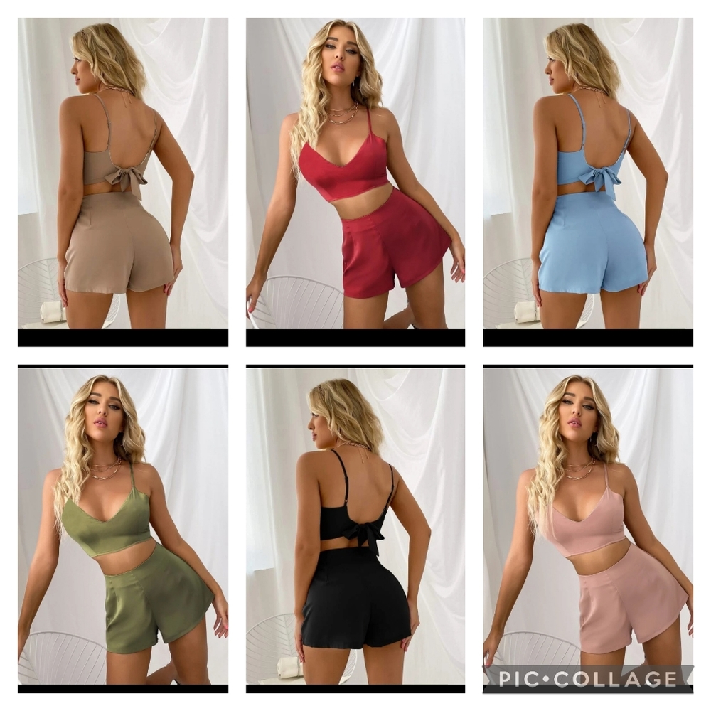 💕Lot of 6 Shein Solid Cami Top Shorts Set Large Red Blue Pink Green High Waist